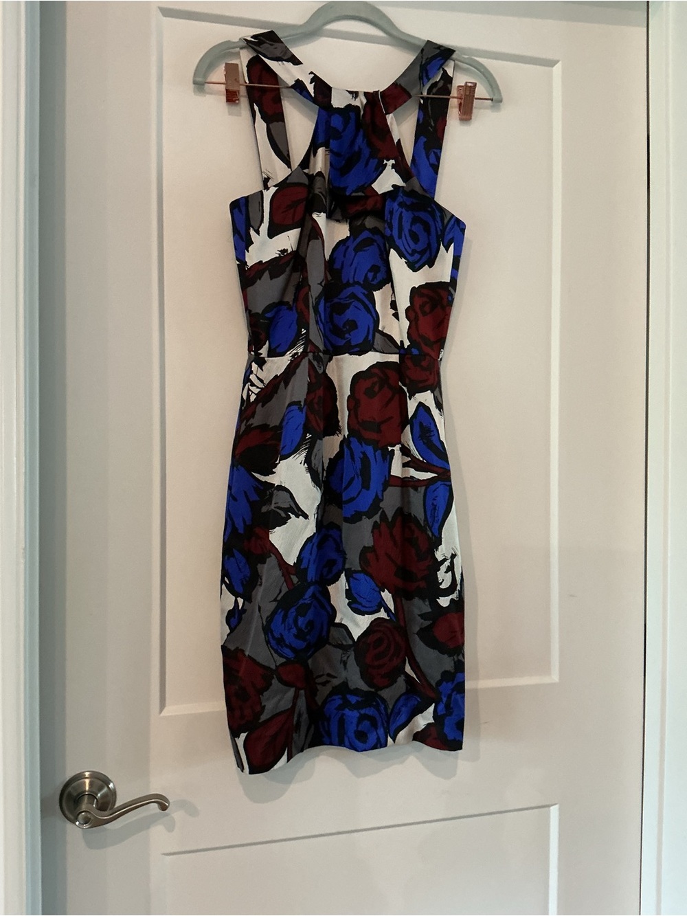 Trina Turk 100% silk Blue & Burgundy Floral Cutout Sheath Dress, NWT, size 2
